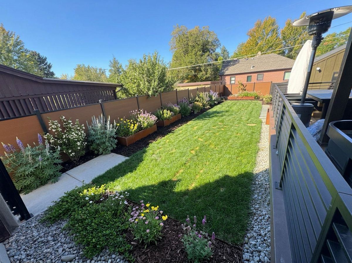 The same backyard with native plants in the raised beds and along the fence